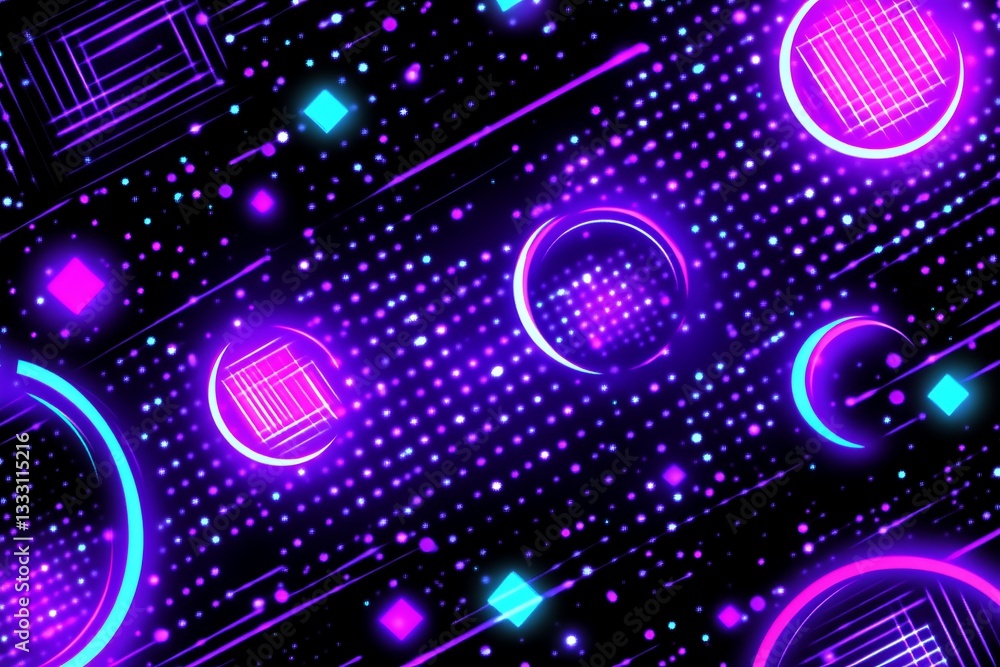 Poster abstract neon geometric composition with circles and dots on black backdrop