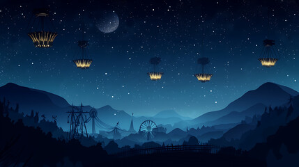 Fototapeta premium Serene night landscape with floating lanterns illuminating mountains and a distant ferris wheel