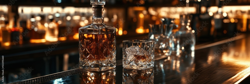 Poster Luxurious whiskey bar counter with premium bottles and warm lighting creating an elegant atmosphere Generative AI