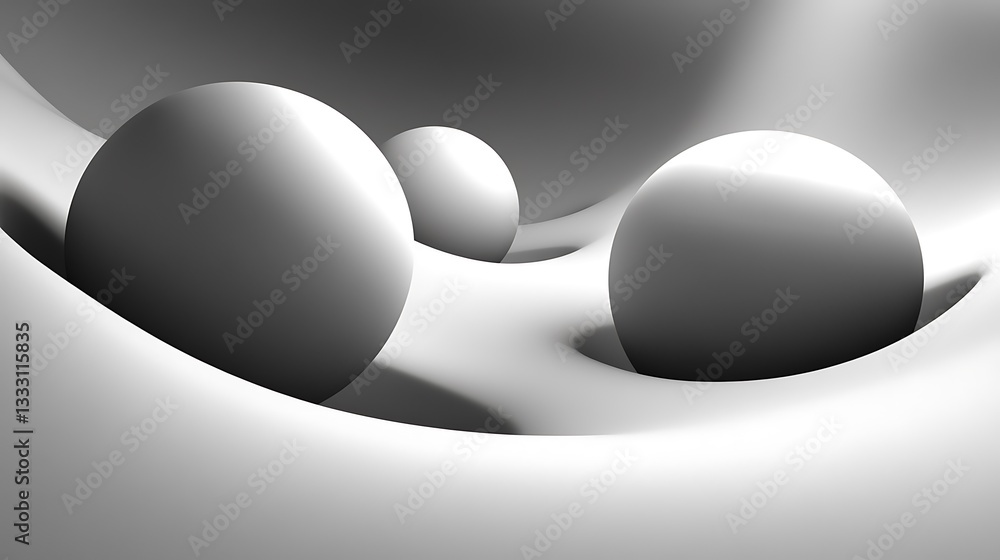Poster three spheres resting within a soft grayscale gradient surface