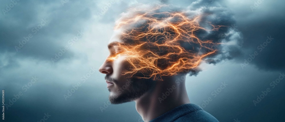Aufkleber surreal mindstorm abstract visual representation of thoughts digital art creative space side profile