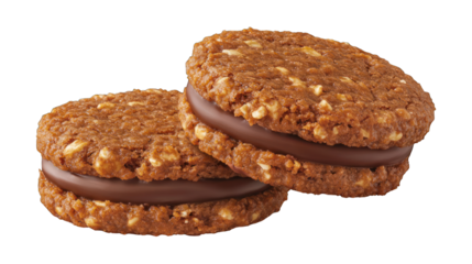 Two brown oatmeal cookies with chocolate filling are stacked on a black background