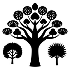 Vector illustration of trees with branches, leaves, and silhouettes representing different seasons like spring, summer, and autumn in a natural eco-friendly design
