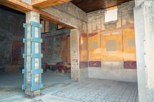 Ancient Wall and Mosaics in Historic Pompeii, Italy Interior Scene