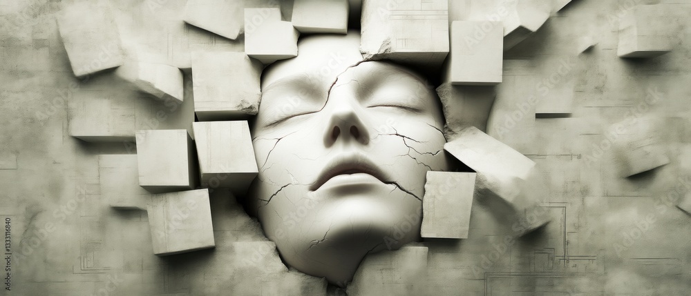 Poster Breaking through barriers human face emerging from cubes in abstract art studio setting conceptual view