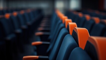 Rows of Empty Auditorium Seats,  Orange Accents, Blurred Background