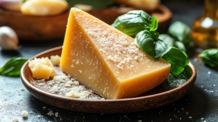 Hard cheese wedge, garnished with fresh basil, on a dark plate