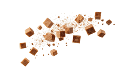 Flying brown sugar cubes isolated on white background