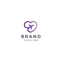 Purple Heart Line Airplane Flight logo design. Airplane Flying Forms Symbol of Love Logo Design.