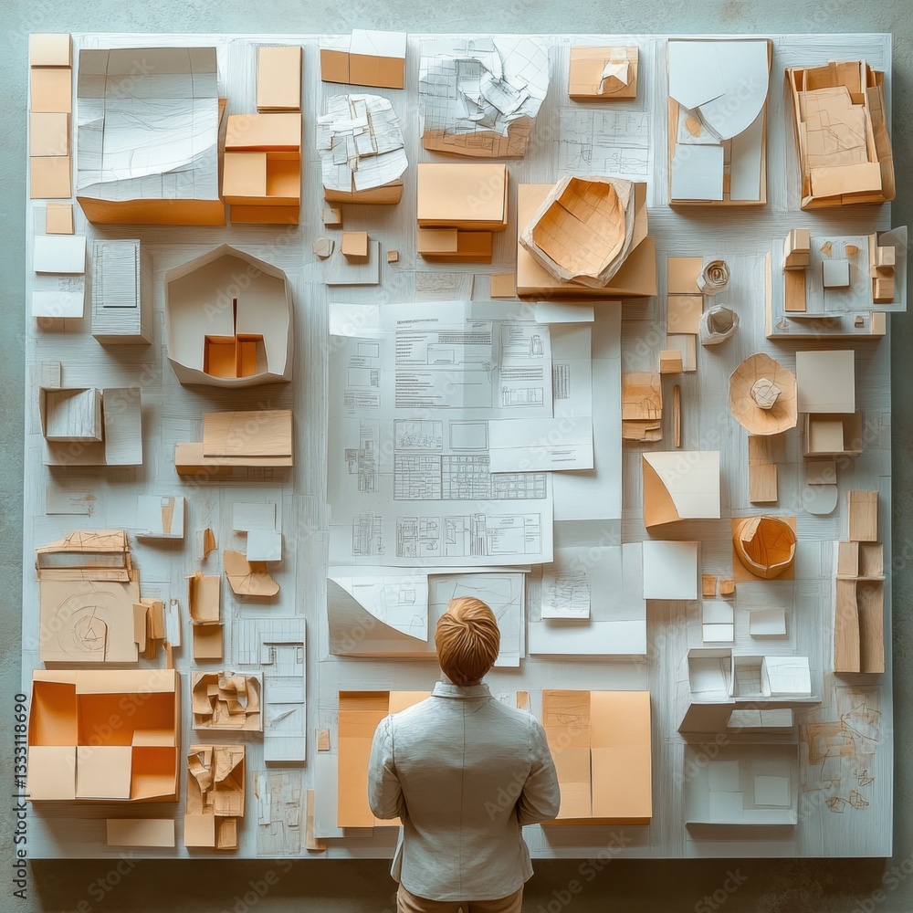 Poster view of architectural models and blueprints in an office setting