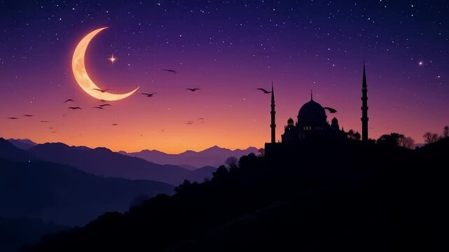 the moon over the mountains with mosque silhouette