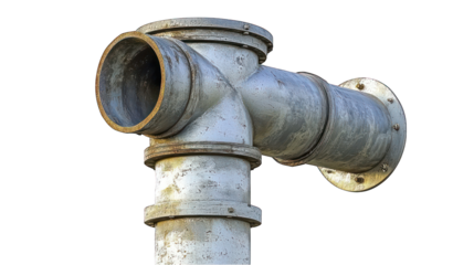 Weathered metal pipe joint, with flanges. Dark background. Close-up shot