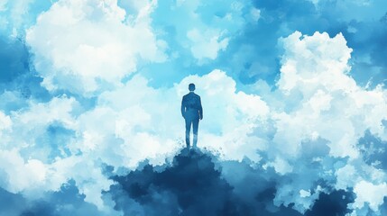 Person Standing on Clouds Against a Blue Sky Background