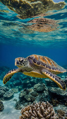 Fototapeta premium Hawksbill sea turtle swimming in a Caribbean coral reef