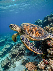 Obraz premium Hawksbill sea turtle swimming in a Caribbean coral reef