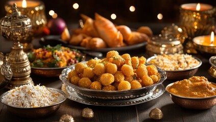 A Festive Indian Dinner Table Setting with Delicious Food and Warm Lighting