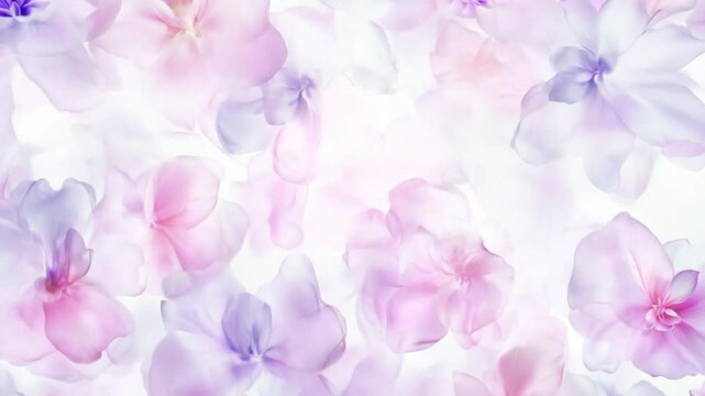 Soft pink, violet and white flowers in full bloom, creating a lush floral background. The delicate petals and subtle color gradients enhance the romantic and elegant aesthetic.	