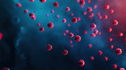 Abstract Image of Numerous Red Virus Particles Floating in a Dark Blue and Teal Environment