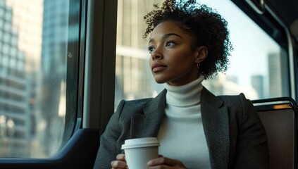 Thoughtful Woman on Commute, Urban Landscape, Coffee in Hand