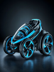 A futuristic toy car with four large wheels and a transparent blue-lit cockpit sits against a dark background.