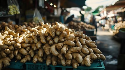 Fresh ginger piled at a market stall.