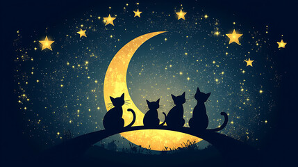 Four silhouetted cats sit on a hill under a starry sky with a crescent moon in the background