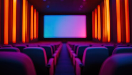 Neon Cinema: Rows of Empty Seats Await the Movie's Beginning