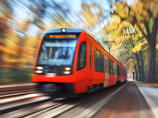 Obraz premium A red train speeds along the tracks blurred by motion amidst autumnal trees in a vibrant colorful landscape.