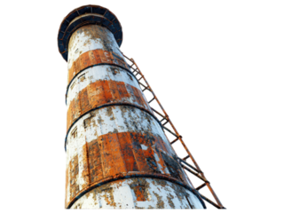 Weathered tower, red and white stripes, ladder, rust, upward view, detail