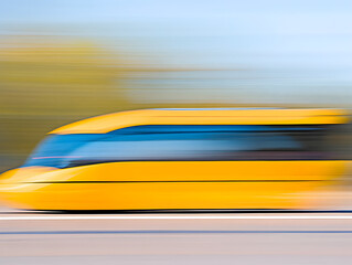 Fototapeta premium Blurred yellow train speeding along the tracks a vibrant streak against the pale blue sky and green foliage.