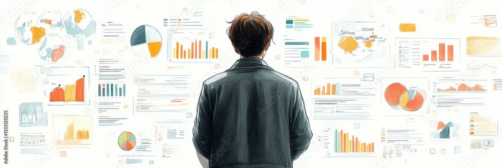 Poster person analyzing data visualizations on a wall display