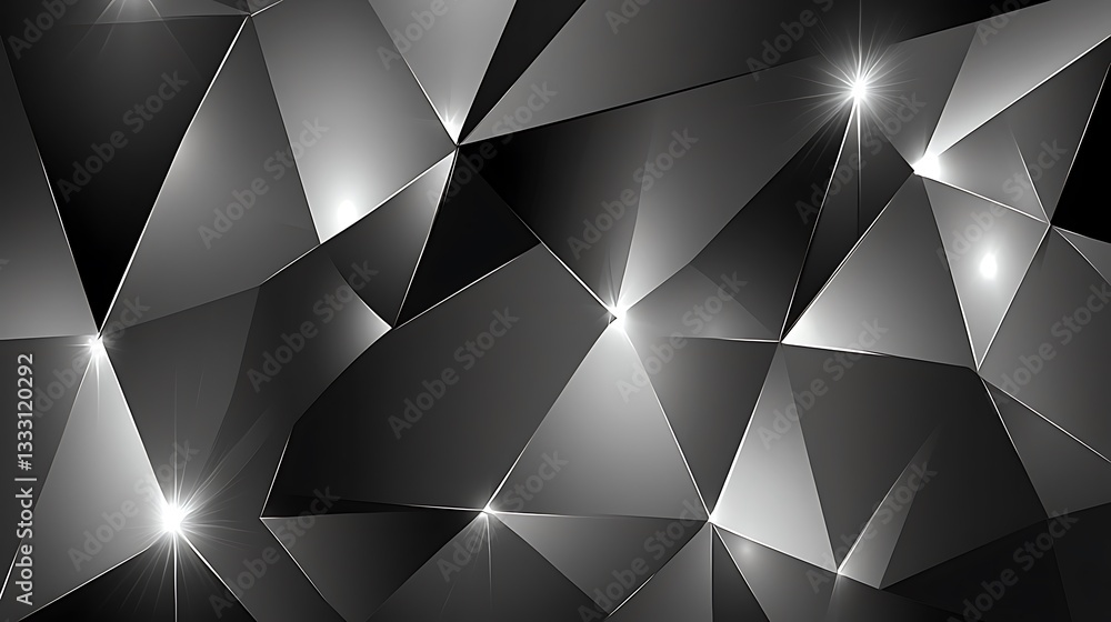 Poster abstract image showing faceted geometric shapes with bright reflections