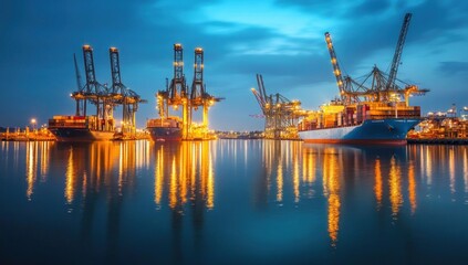 Night at the Port: Container Ships and Cranes Reflecting in Calm Waters
