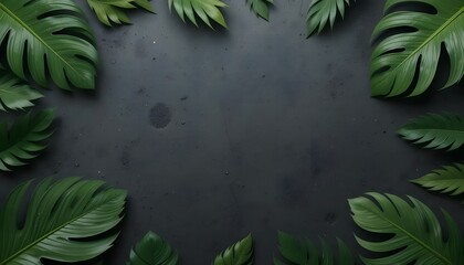 Lush Tropical Leaves Create A Serene, Natural Frame On A Dark Slate Background, Evoking A Sense Of Calm And Tranquility