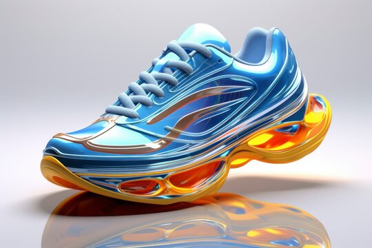 A shoe with a blue and orange design