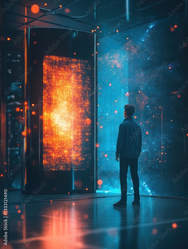 Aufkleber Quantum computing developer engages with holographic algorithms next to a glowing quantum computer in a futuristic tech environment Generative AI