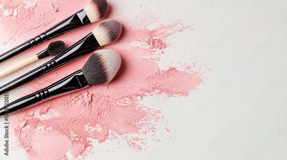 Poster makeup brushes arranged with blush strokes on a soft pastel background for creative artistry generat