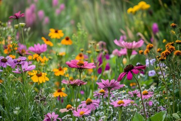 Obraz premium Vibrant Summer Wildflower Meadow Blooming Flowers Colorful Nature Photography Beautiful Garden Floral Scene Lush Greenery Pink Purple Orange Yellow 