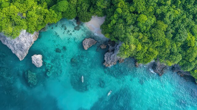 Aerial View of Turquoise Tropical Beach and Lush Green Coastline