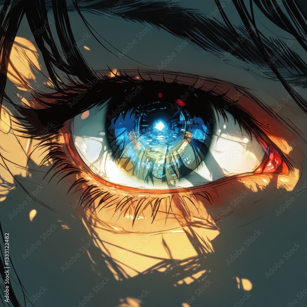Poster close-up of an eye with intricate reflection and colorful details