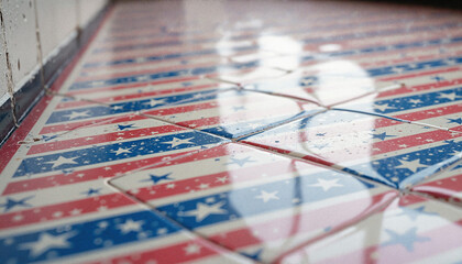 Naklejka premium Patriotic tile floor with red, white, and blue design, Stars and stripes pattern, U.S. Independence Day 