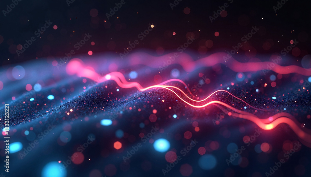 Poster colorful wave pattern with glowing particles in dark background, stars and stripes pattern, u.s. ind