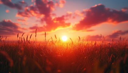 Aerial view of a field illuminated by a vibrant sunset in the background.