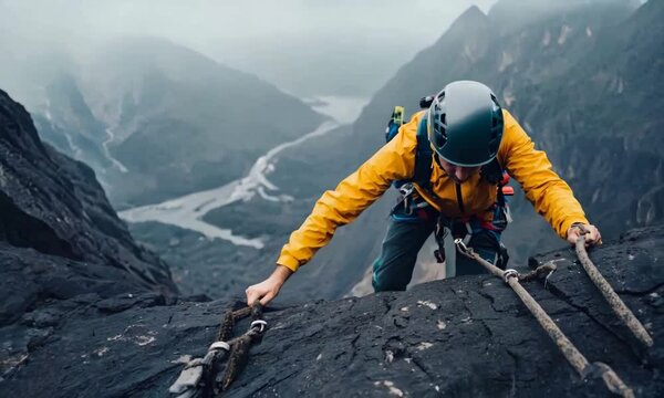 A climber wearing a yellow jacket and gray helmet ascends a dark rocky slope using ropes and harnesses, with a misty valley in the background.