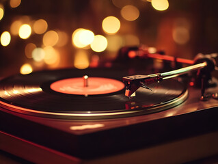 Vinyl record spinning on a turntable, warm nostalgic lighting, and a vintage aesthetic capturing the golden age of music