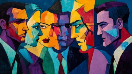 Colorful painting depicts people in business attire