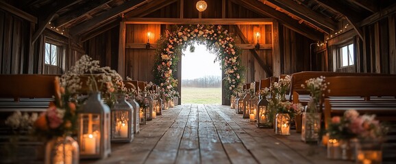Romantic Rustic Wedding Venue Decoration Inside Wooden Barn with Floral Arch