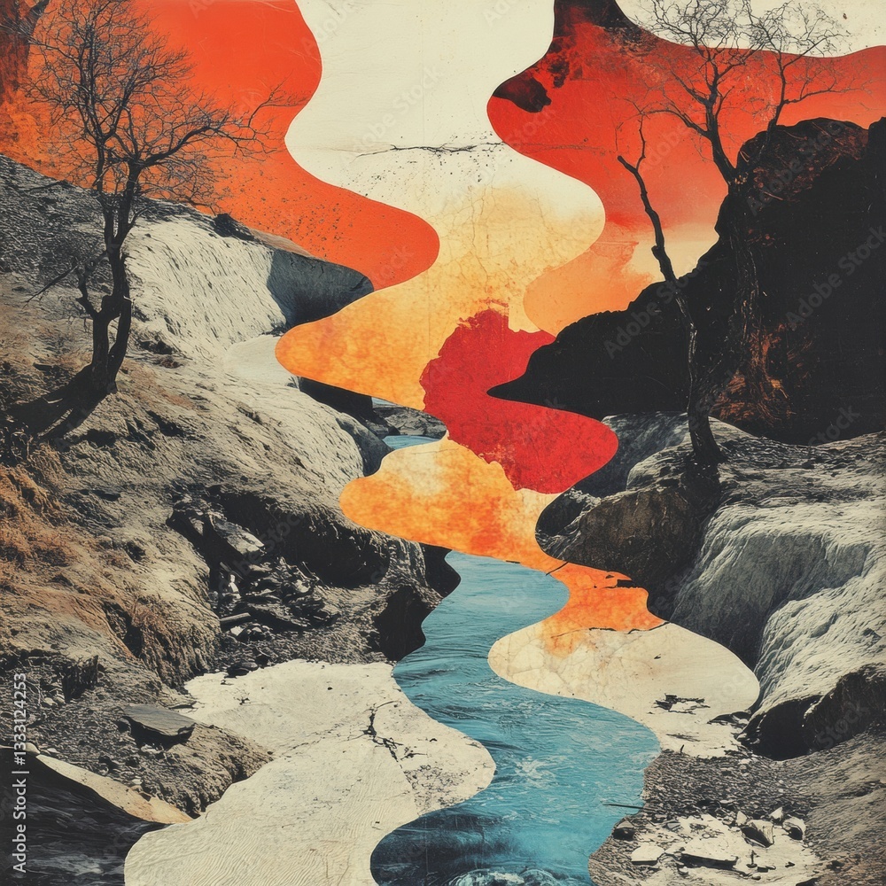 Poster abstract landscape with vivid colors and textured forms