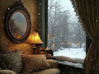 An interior shows a snowstorm outside the window during winter