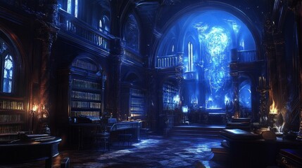Obraz premium Mystical library glows with enchanting blue light